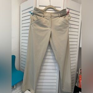 NIKE Women’s Petite Dri Fit “Golf Slacks” Size 2P Tan Zip Front Logo Pockets EUC